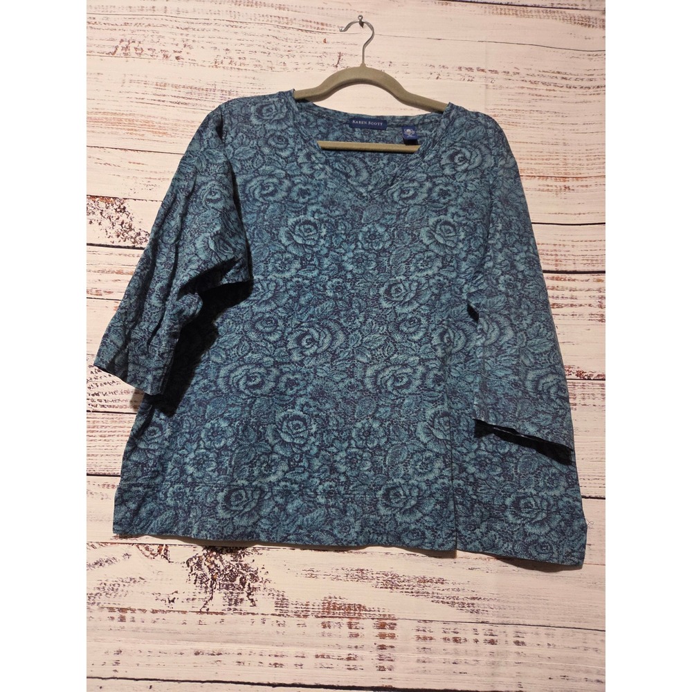 Karen Scott Womens XL Teal Blue Floral Cotton V-Neck 3/4 Sleeve Top Fall